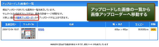 アップロードした画像の一覧の表示例
