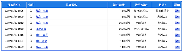 注文情報の検索結果の一覧