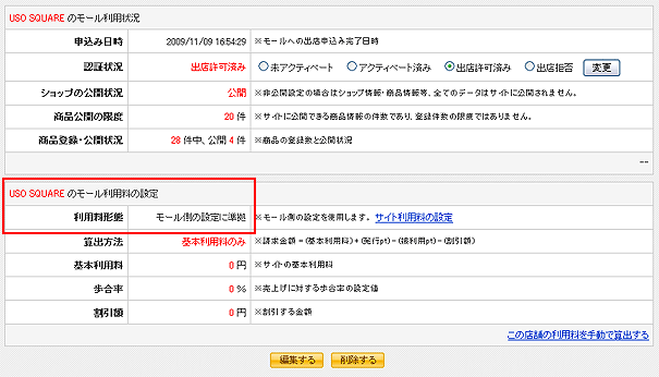 ショップの詳細ページ上部に表示されているそのショップの利用料算出設定